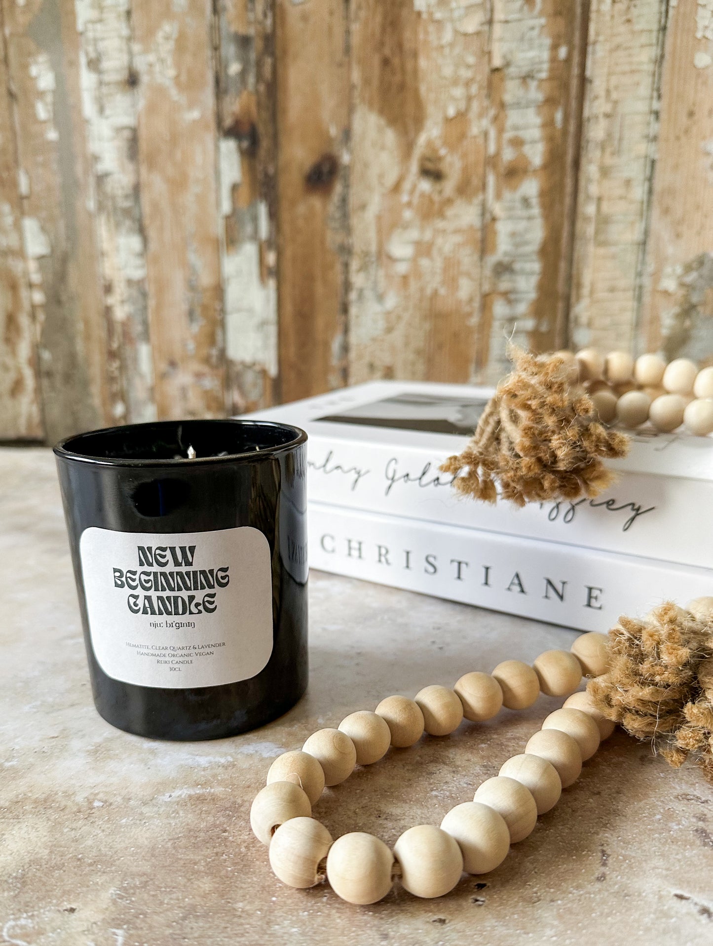 Kristallkerze Neubeginn – Hämatit & Lavendel