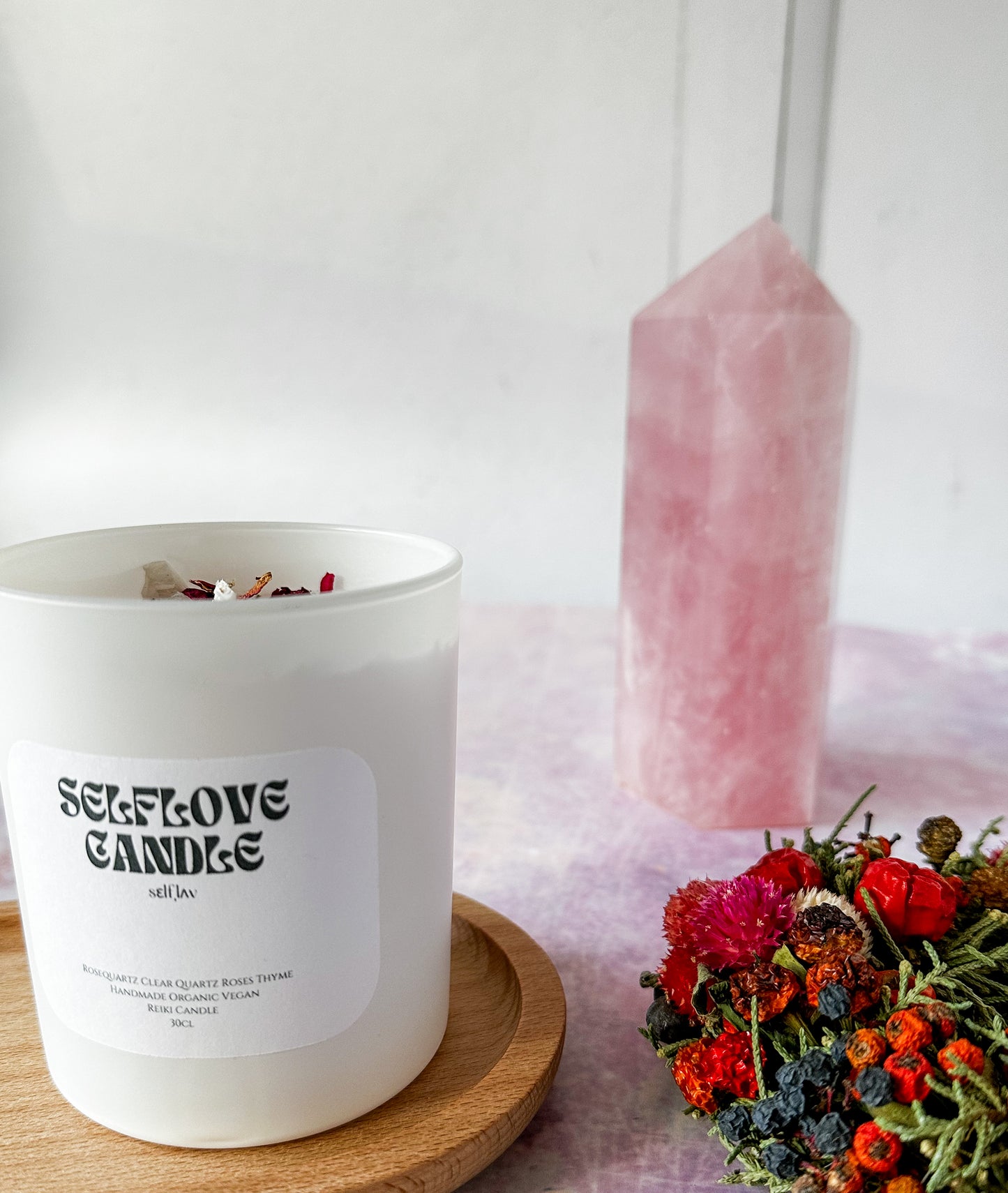 Selbstliebe Kristallkerze – Rosen, Thymian & Rosenquarz