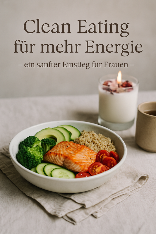 Saftige Lachs-Bowl mit frischem Gemüse und Quinoa, im Hintergrund eine brennende Kristallkerze mit Rosenquarz und Rosenblüten. Natürliches, warmes Wellness-Setting von Wildly Well