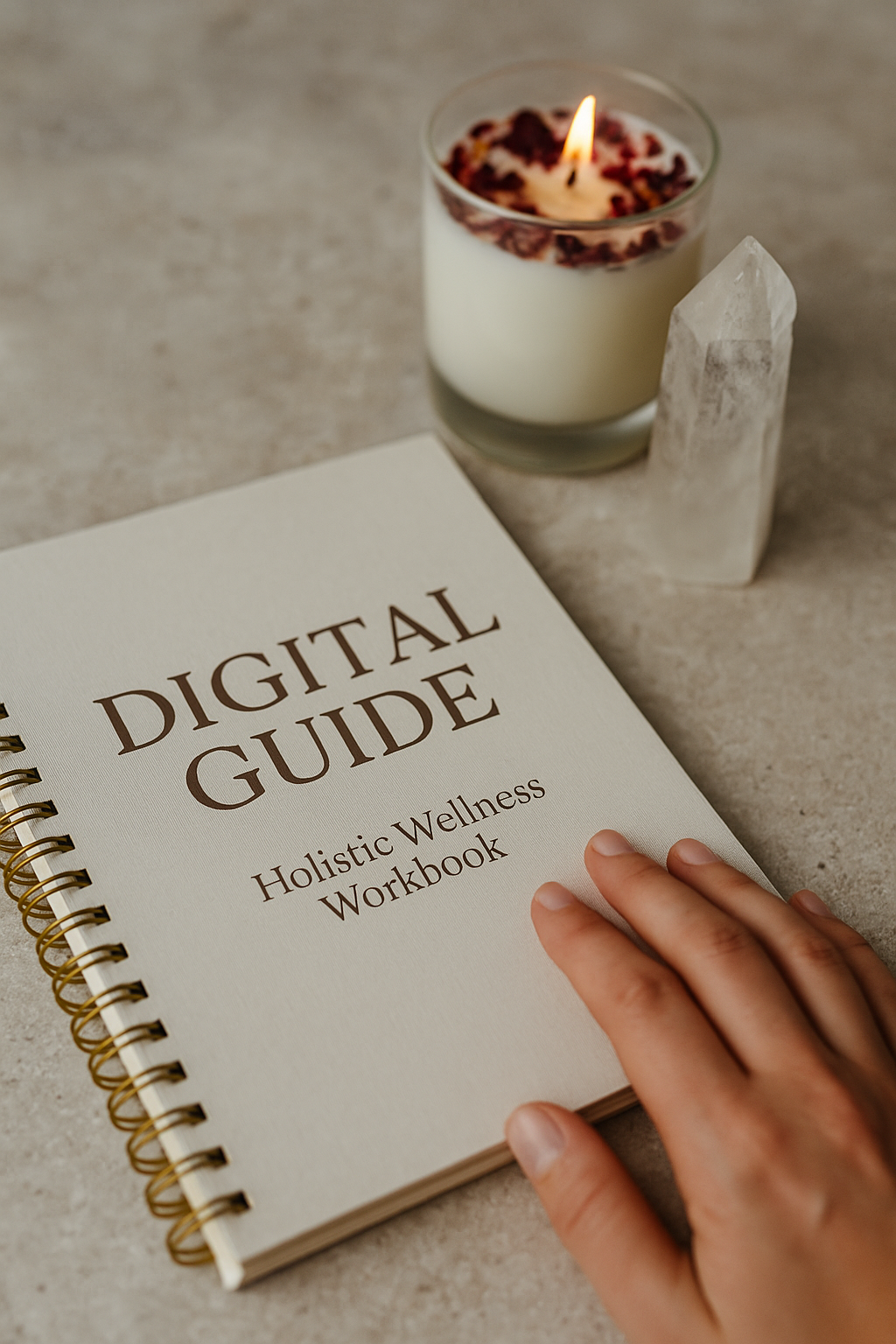 Wellness-Flatlay mit offenem Wildly Well Workbook, Kristallspitze und sanften botanischen Elementen auf hellem Naturhintergrund. Ruhiges, feminines Ritual-Setting im Wildly Well Stil.