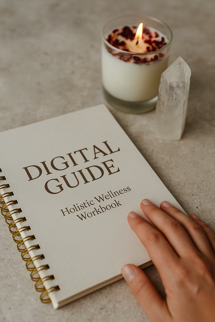 Wellness-Flatlay mit offenem Wildly Well Workbook, Kristallspitze und sanften botanischen Elementen auf hellem Naturhintergrund. Ruhiges, feminines Ritual-Setting im Wildly Well Stil.