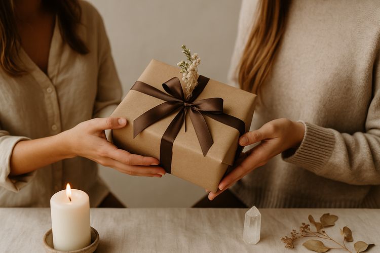 Zwei Frauen überreichen sich ein natürlich verpacktes Geschenk mit dunkler Schleife und getrockneten Blüten in einem warmen, erdigen Wellness-Setting. Handgemachtes Geschenkset im Wildly Well Stil, Geste des Schenkens ohne sichtbare Gesichter.“