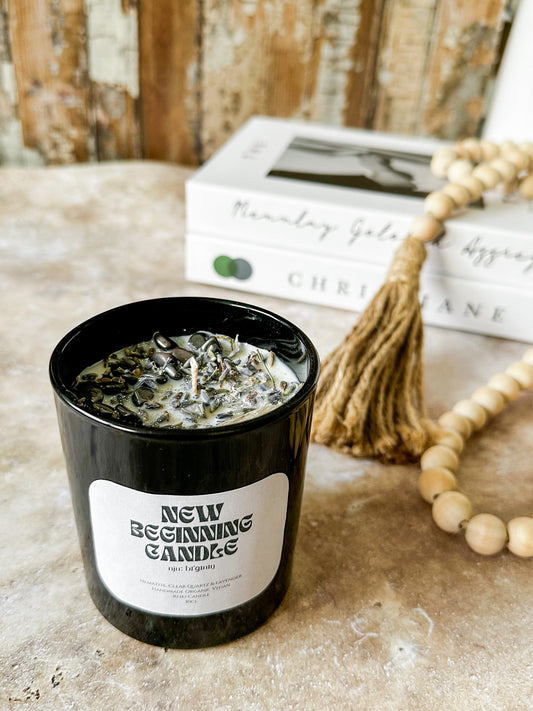 Kristallkerze Neubeginn – Hämatit & Lavendel