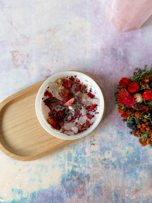 Selbstliebe Kristallkerze – Rosen, Thymian & Rosenquarz