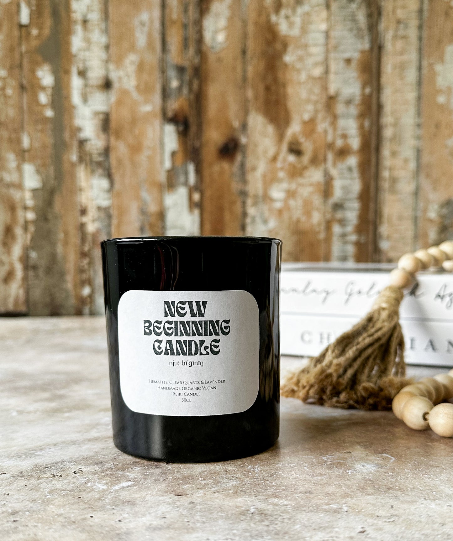 Kristallkerze Neubeginn – Hämatit & Lavendel