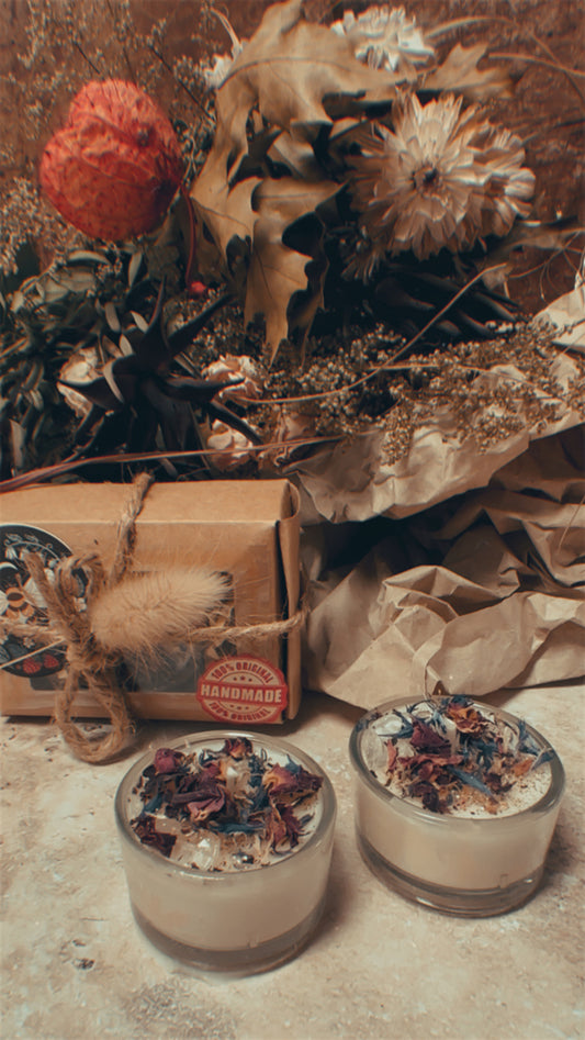 Kristall Teelicht mit Bergkristall, Rosen & Kornblume in Geschenkverpackung