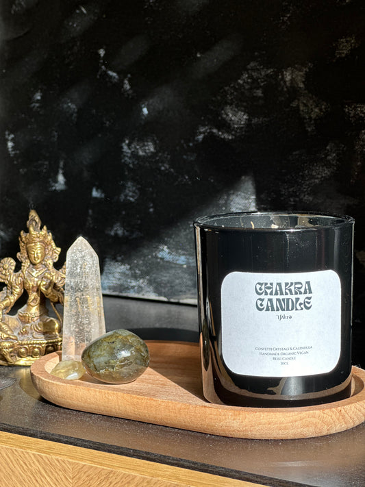 Kristallkerze Chakra – Kristallkonfetti & Lavendel I Balance, Harmonie, Neubeginn