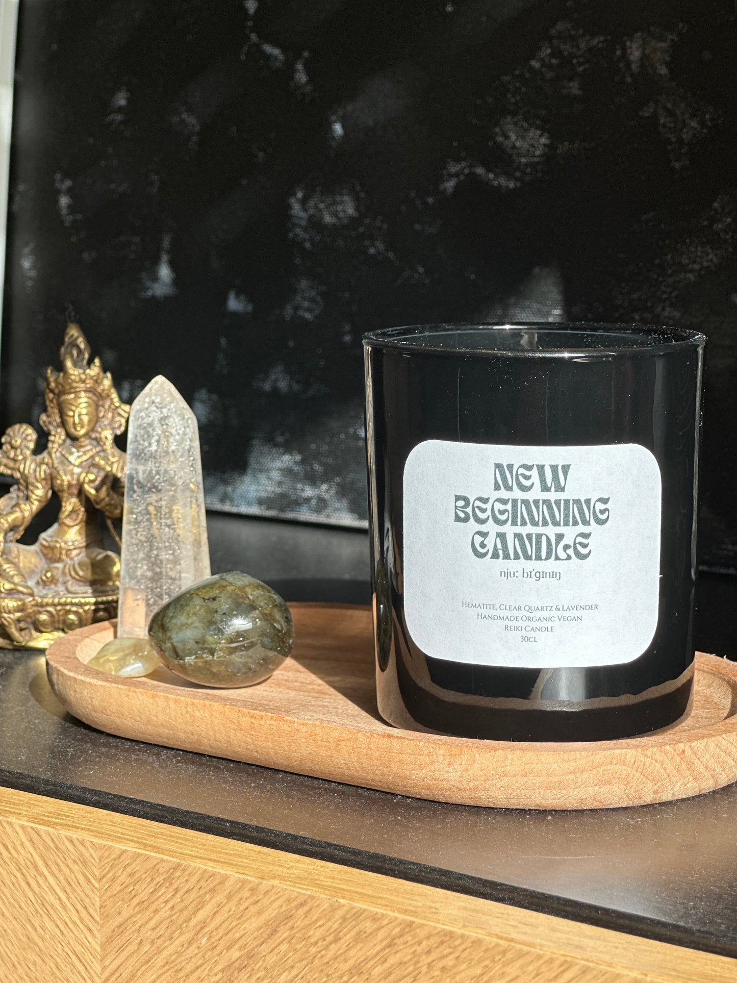 Kristallkerze Neubeginn – Hämatit & Lavendel