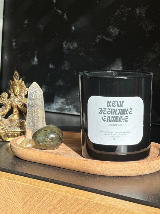 Kristallkerze Neubeginn – Hämatit & Lavendel