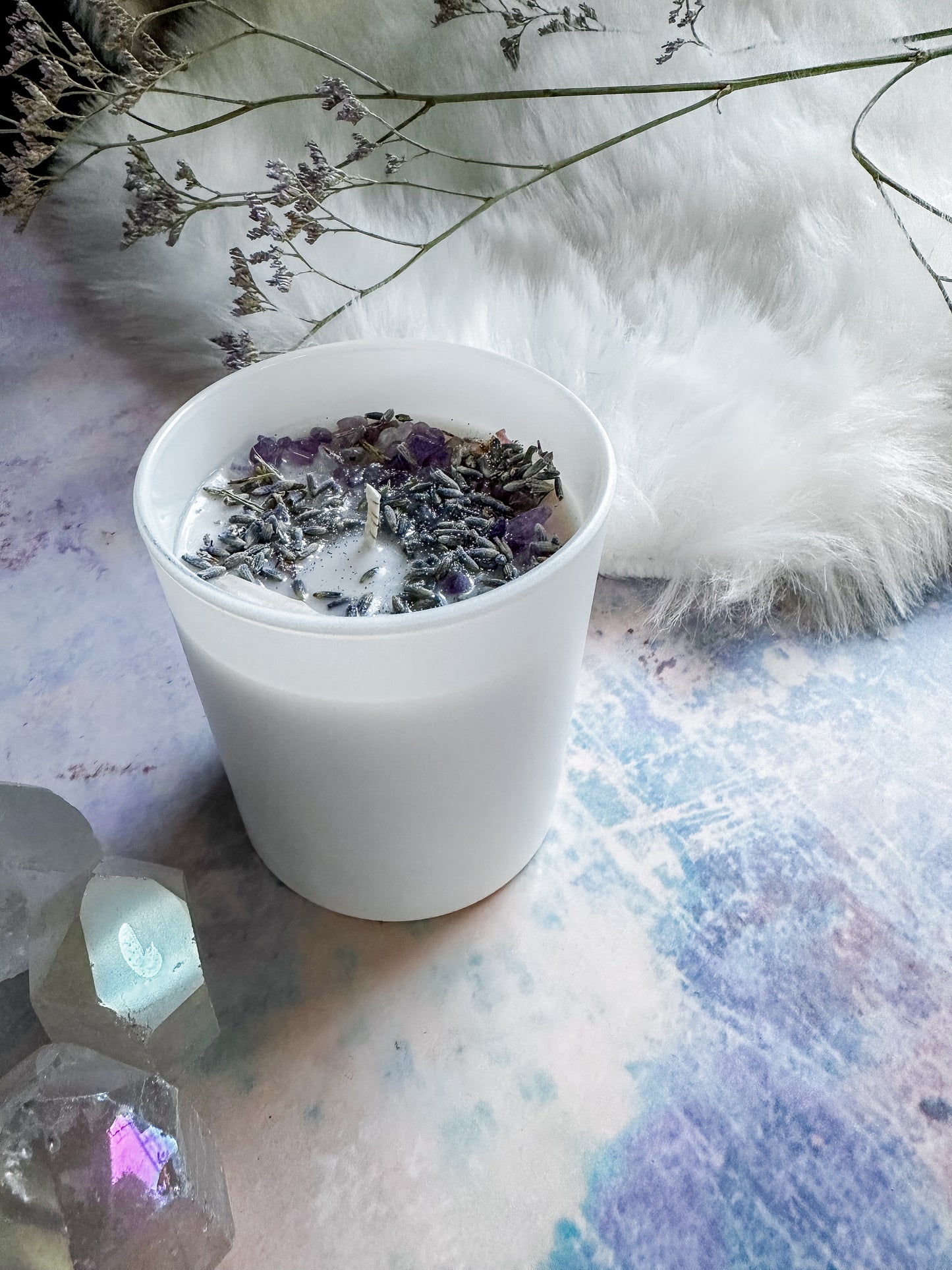 Mediations Kristallkerze – Lavendel, Amethyst, Salbei