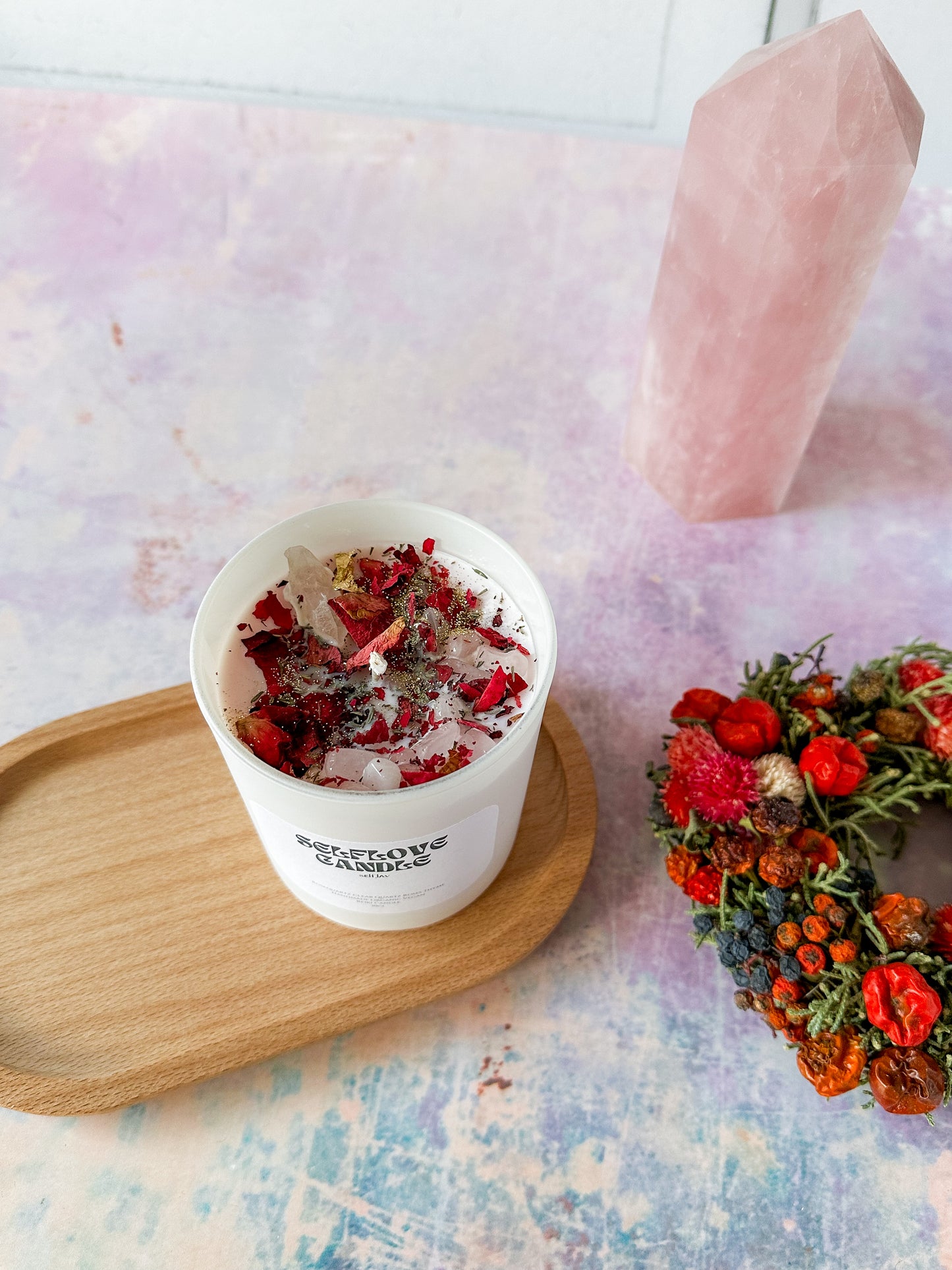 Selbstliebe Kristallkerze – Rosen, Thymian & Rosenquarz