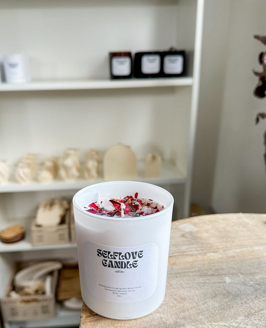 Selbstliebe Kristallkerze – Rosen, Thymian & Rosenquarz