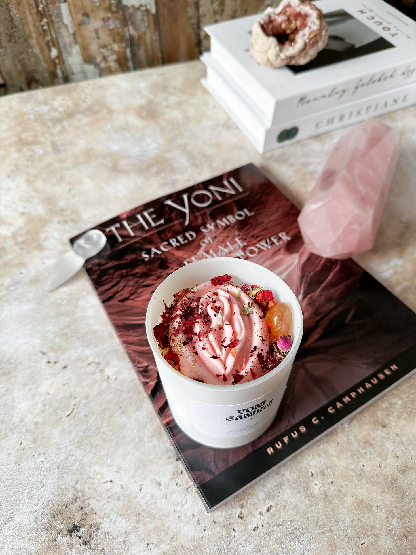 Yoni Kristallkerze – Rosen & Kirschblüten Achat