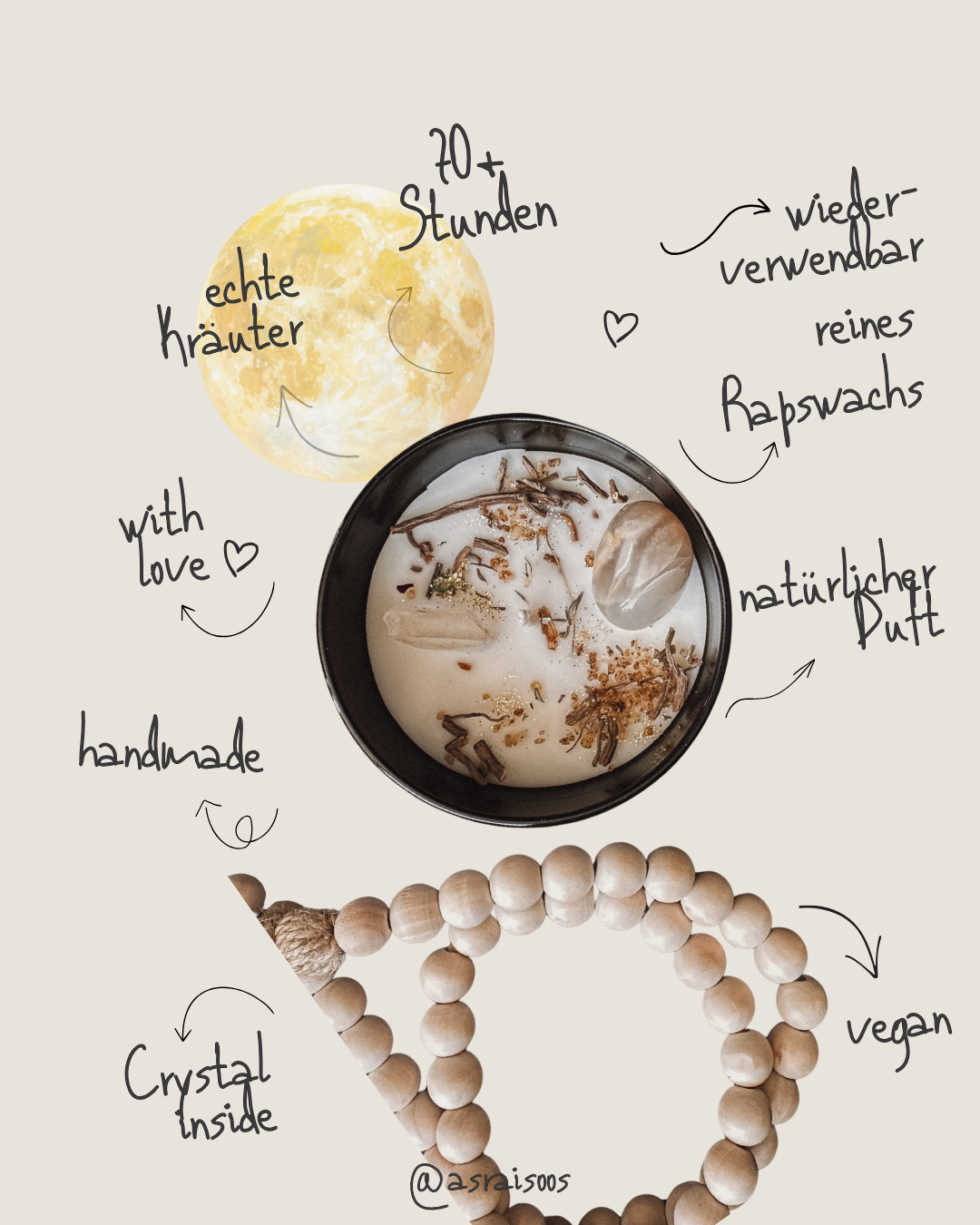 Vollmond Kristallkerze mit Mondstein | Intuition, Loslassen und feminine Mondenergie